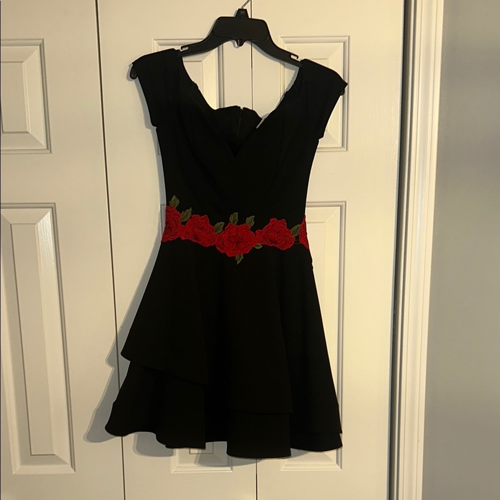 Camille Black Dress with Red Floral Embroidery